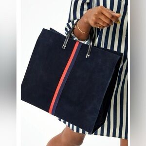 Clare V Navy Tote Bag Red Stripe Perforated Leather Suede Large Carryall OS